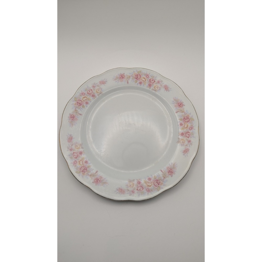 Vintage Made in China Porcelain Dinner Plate Pink Yellow Rose Scalloped Gold Rim